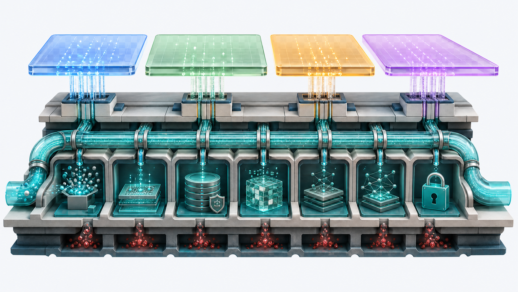 Six data capabilities form a shared spine that supplies clean, governed data to four AI operating planes.