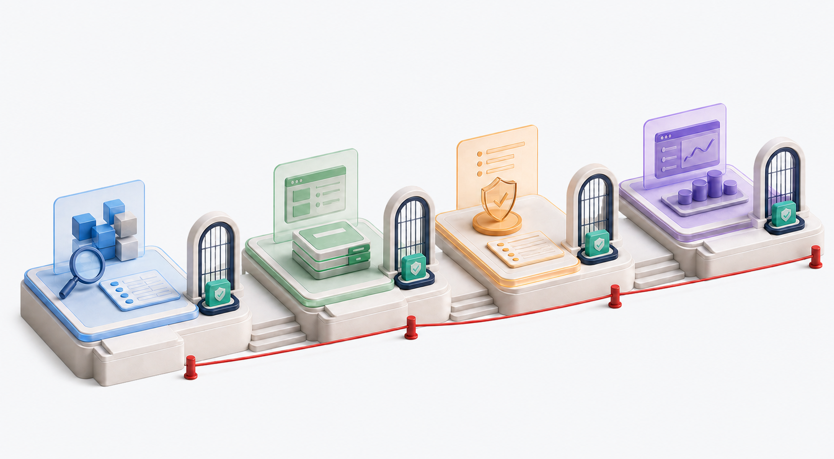 Four bounded delivery stages separated by evidence gates and a red boundary that prevents skipping ahead.