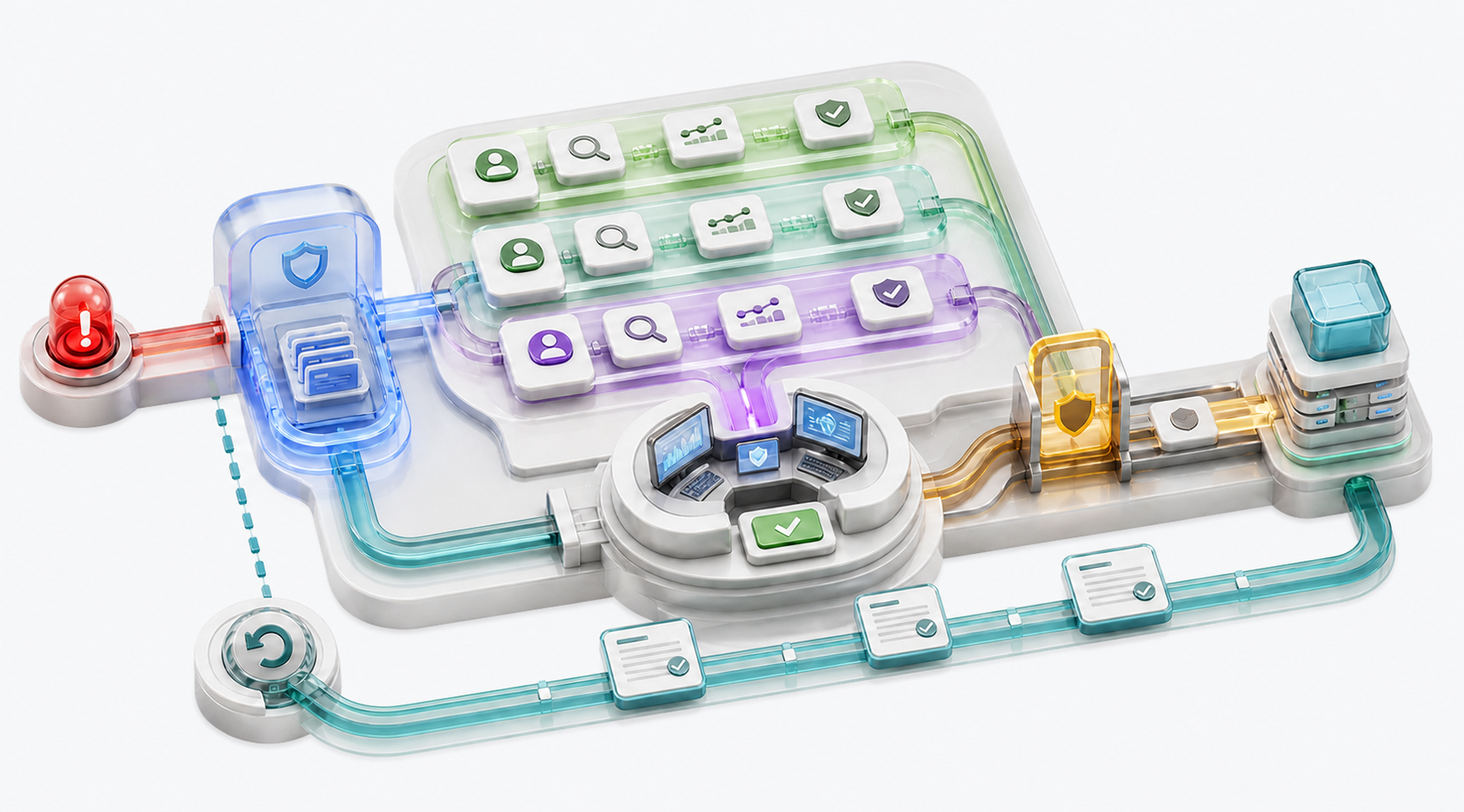 Incident evidence moves through specialist workstreams to a human decision, bounded execution, verification, rollback, and an evidence ledger.