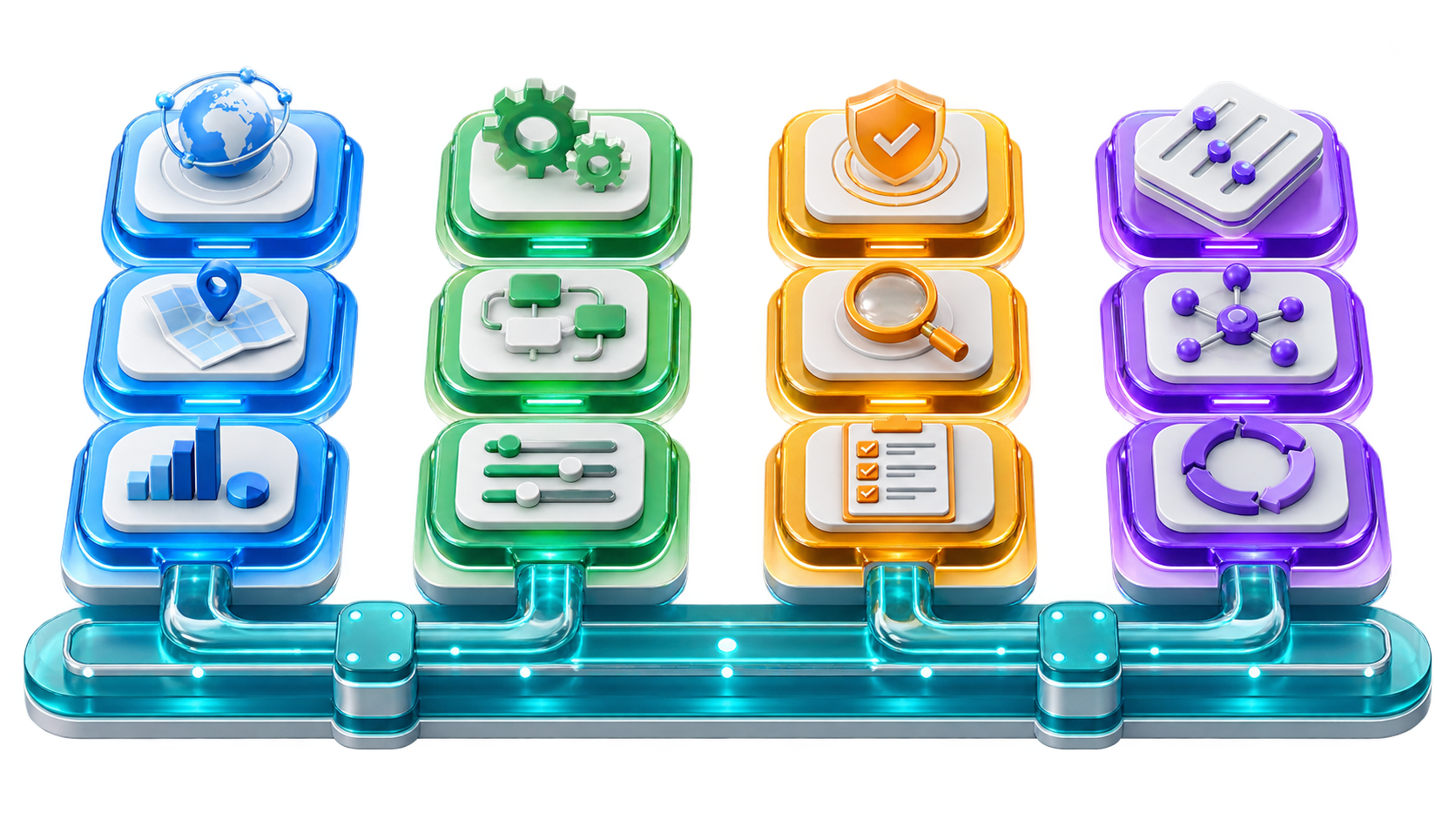 Twelve modular platform capabilities grouped across four planes and connected by a shared data spine.
